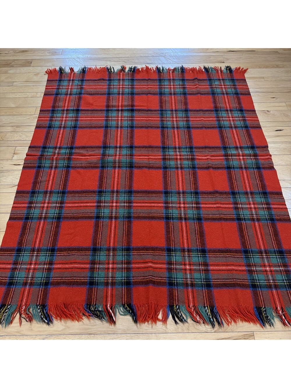 Vtg Scottish Fringed Tartan Wool Throw Blanket 56x68” Red Green Rustic Cabin